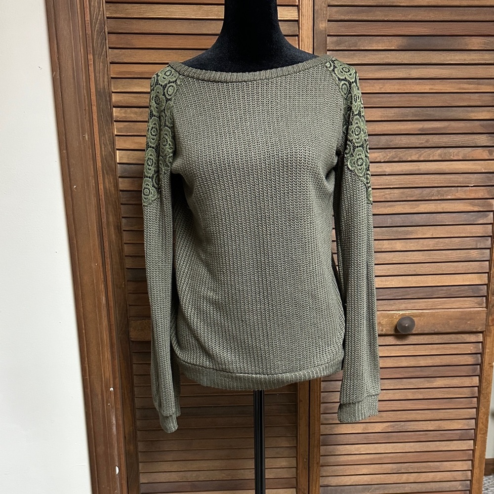 Women’s Scoop Neck Knit Sweater with Lace Shoulder Detail - Olive